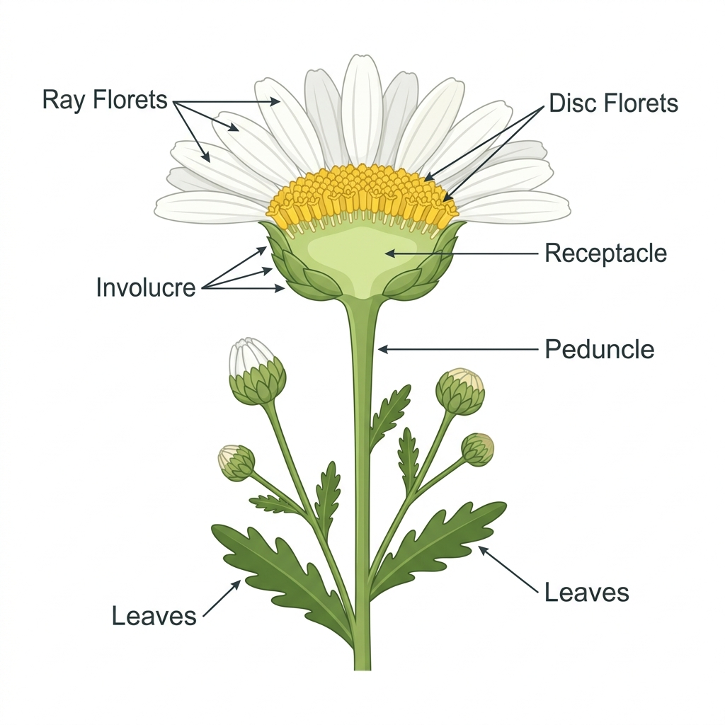 Botanical infographic showing daisy flower anatomy with labeled ray florets, disc florets, receptacle, involucre, peduncle, and leaves